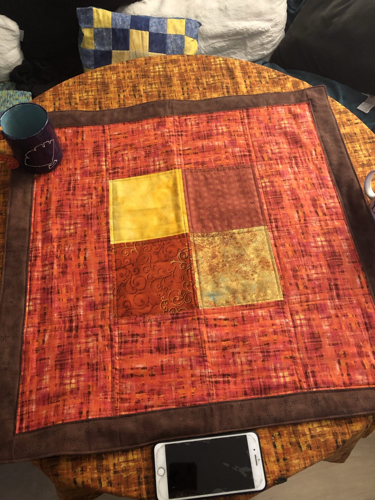 Quilt Diary:  First finish of Quarter 4 – Holiday Tablecloths & Turkey Wooly Mug Rugs